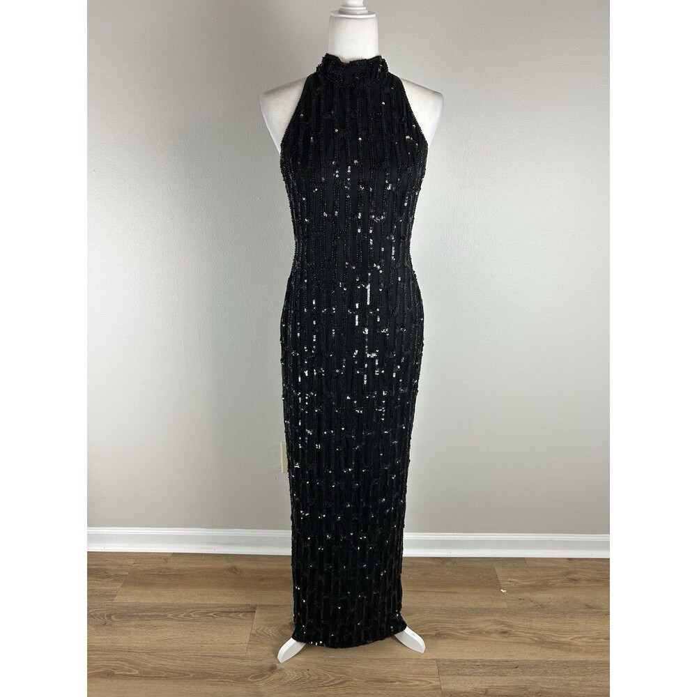 Vintage SCALA Maxi Black Sequin Beaded 100% Silk Formal Gown Dress Medium Y2K